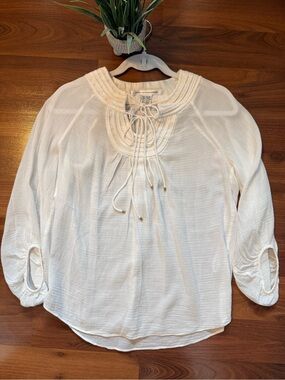 Diane Von Furstenberg Ivory Tie-Neck Pintuck Blouse